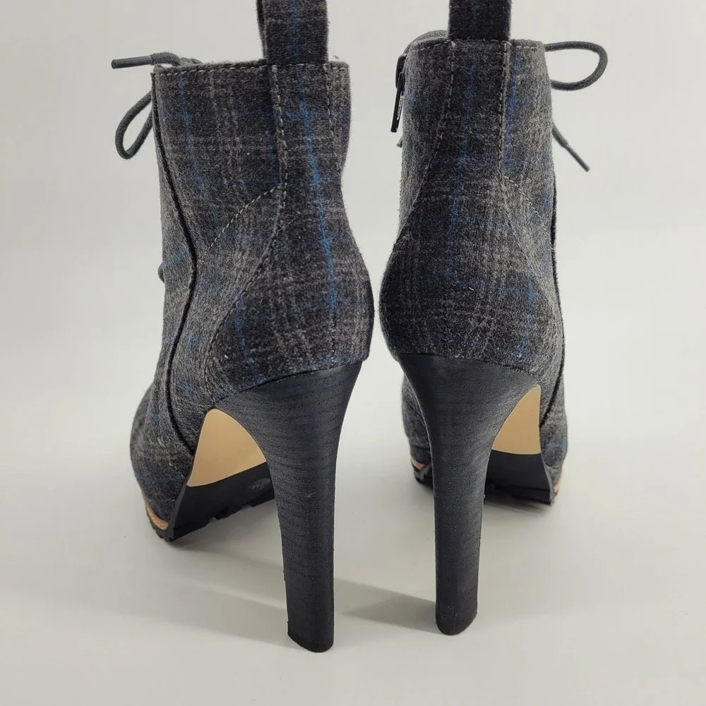 Gianni Bini Tosti Grey Plaid Lace Up Stiletto Platform Ankle Boots Womens 7M